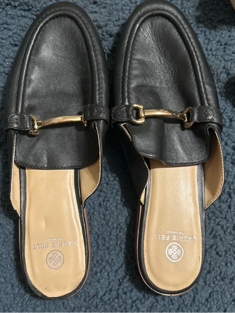 Laurie Felt Black Leather Mule Loafers with Gold Bit